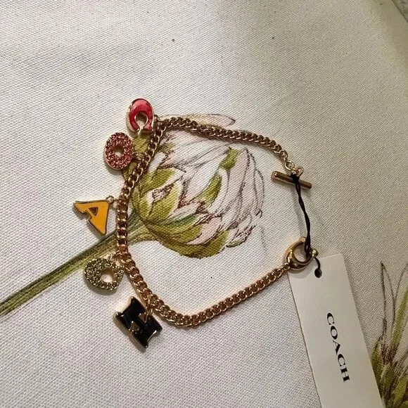 NWT COACH Pavé Crystal Enamel Logo Charm Signature Letters Bracelet Gold #TSBR - Picture 7 of 8